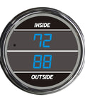 Inside-outside auto thermometer gauge with chrome bezel and blue LED dual displays.