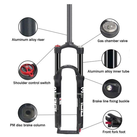 Detailed view of Trail Ready Suspension Fork For Mountain Bikes 26 Inch 27.5 Inch And 29 Inch Wheels, 120mm Travel, Pneumatic Shock features.