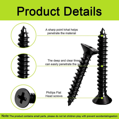 Close-up of wood screws with sharp points, Phillips flat heads, and deep threads in Wood Screws Assortment Kit for various projects.