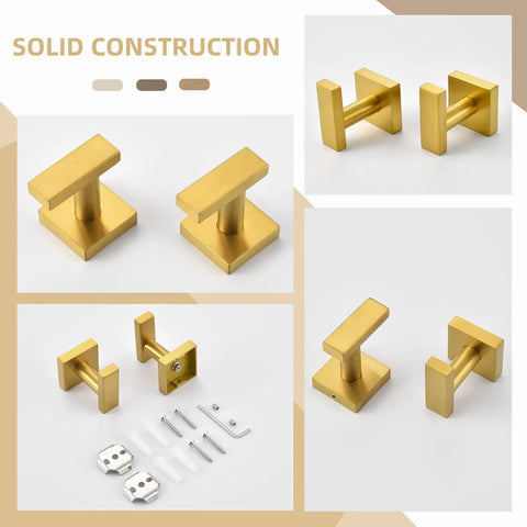 Brushed Dark Gold Towel Hooks For Bathroom Stainless Steel Wall Mount Square Robe Coat Hangers Hand Towel Holder 2 Pack