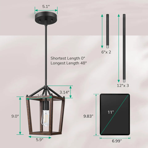 Farmhouse Pendant Light dimensions with adjustable height rods for kitchen island and dining room, rustic wood cage, brown finish
