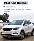 Premium Rear Liftgate Trunk Lock Latch Actuator Fits Buick Encore Cadillac Escalade Yukon next to white SUV on a gravel landscape.