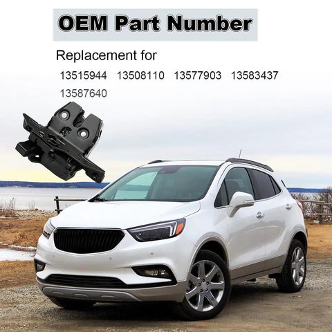 Premium Rear Liftgate Trunk Lock Latch Actuator Fits Buick Encore Cadillac Escalade Yukon next to white SUV on a gravel landscape.