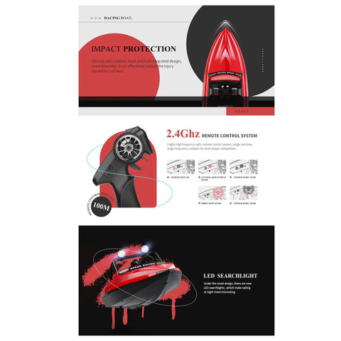 Diagram showcasing High Speed RC Jet Boat With 2.4GHz Remote Control For Teens And Adults, highlighting features and remote design.