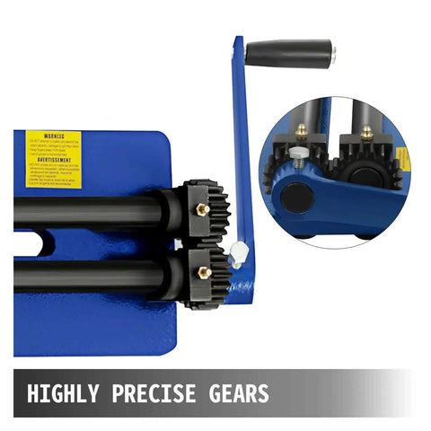 Close-up of 18 Inch Sheet Metal Bead Roller with six die sets in heavy duty steel and navy finish showing precise gears for strengthening ribs.