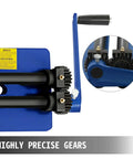Close-up of gear mechanism on heavy duty 18 inch sheet metal bead roller with six die sets for producing strengthening ribs, blue color.