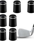 Seven Piece Black Golf Ferrules With Silver Ring For 0.370 Inch Iron Shafts DIY Friendly Club Building Repair And Shaft Install Durable ABS Ferrule Set For Easy Install And Upgrade shown with a golf club head.