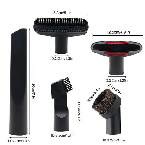 Must Have Vacuum Attachment Kit For 25mm And 32mm Hoses With Two 32mm Extension Wands Crevice Tool And Hose Adapter Eight Piece Set showing brush and crevice tools.