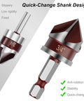 Five Piece Countersink Drill Bit Set With 82 Degree Tips And A One Quarter Inch Hex Shank For Wood Metal And Plastic Includes Sizes One Quarter, Three Eighths, One Half, Five Eighths, And Three Quarters Inch Handy For Precision Woodworking, showing quick-change shank design and anti-rotation feature.