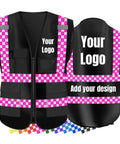 Grind Ready High Visibility Safety Vest With Heavy Duty Reflective Panels Custom Brand Logo Durable Unisex Work Gear For Contractors and Highway Crews Black Pink front and back view with customizable logo.