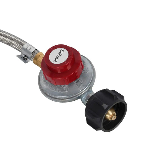 Close-up of Five Feet Stainless Steel Braided Propane Regulator Hose With 20 PSI Adjustable Regulator And QCC1 Type 1 Connector