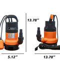 Grab And Go Submersible Utility Pump With Automatic Float Switch No Sweat Water Extractor For Garden Ponds And Pool Draining Plus Basement Flood Cleanup One Half HP 1320 GPH Handles Dirty Or Clean Water Smoothly Uses 20 Foot Cord shown with dimensions.