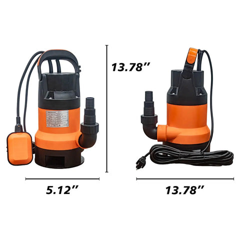 Grab And Go Submersible Utility Pump With Automatic Float Switch No Sweat Water Extractor For Garden Ponds And Pool Draining Plus Basement Flood Cleanup One Half HP 1320 GPH Handles Dirty Or Clean Water Smoothly Uses 20 Foot Cord shown with dimensions.