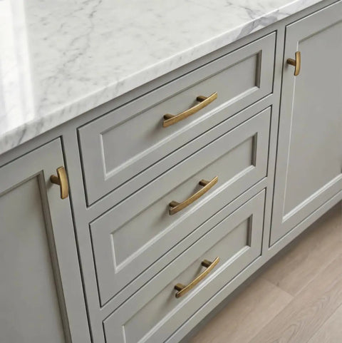 20 Pack Vintage Antique Brass Cabinet Pulls And Drawer Handles Plus Rock Solid Zinc Alloy Furniture Hardware With Spot On 3 Inch Hole Centers For No Fuss Room Refreshes on grey kitchen drawers.