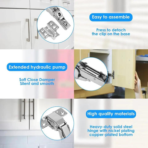 4 Pack 180 Degree Cabinet Hinges, Adjustable Mounting, Soft Close, Hydraulic Buffer, Heavy Duty, Cold Rolled Steel, Easy Install