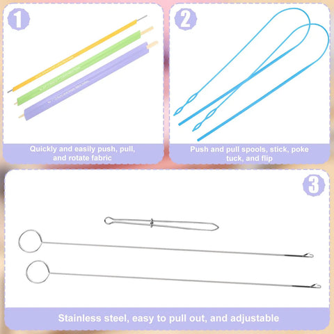 15Pcs Quick Turn Fabric Set For No Fuss Tube Turning Easy Peasy DIY Sewing Quilting And Patchwork Multifunctional Tube Turner Tool Kit showing pipes, hooks, and threaders