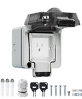 Heavy Duty One Gang Outdoor Electrical Outlet Box Featuring IP66 Weatherproof in grey with protective cover and installation hardware.