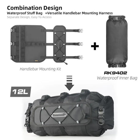 Ride-Ready Waterproof Handlebar Bag 12L Roll-Top Dry Bag With Front Panel And Removable Harness, shoulder strap shown
