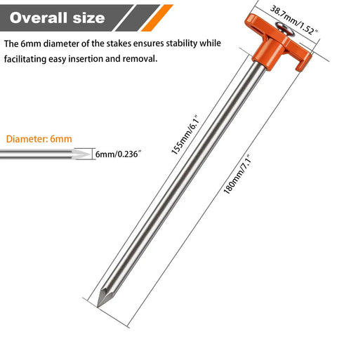 Beefy Heavy Duty Camping Tent Stakes 12 Pack With 7.1 Inch Rust Resistant Metal Pegs And Orange Rubber Sleeves, size diagram