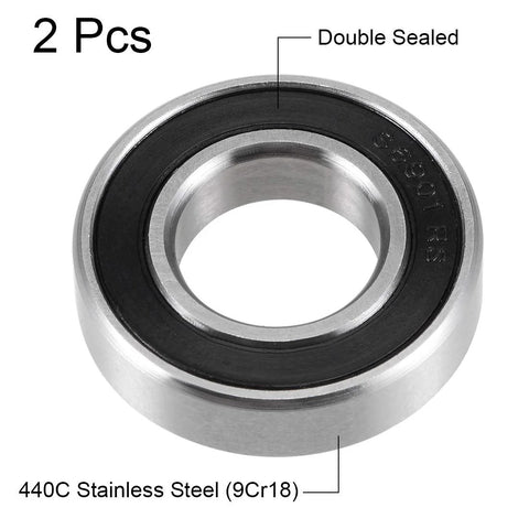 Front view of two uxcell S6901-2RS deep groove ball bearings, 12x24x6 mm, double sealed, 440C stainless steel