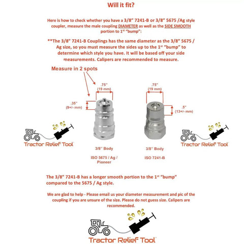 Diagram comparing 3/8 inch ISO 5675 and ISO 7241-B quick coupling for Three Eighths Inch ISO 7241-B Hydraulic Quick Coupling Pressure Relief Tool Kit.