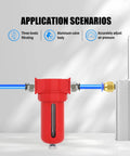 One Quarter Inch NPT Air Desiccant Dryer System With Beads Bag installed on air line, aluminum body, application scenarios displayed