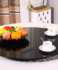 Black Glass Round Dining Table Turntable 360 Degree Rotating Tray Lazy Susan with fruit and teacups, 10mm tempered glass