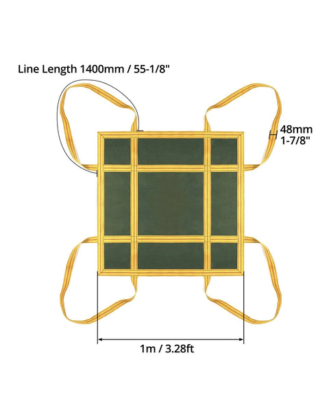 Top view of Heavy Duty Canvas Cargo Lifting Pad Net 3.28 Ft Square with Reinforced Handle showing dimensions and durability features
