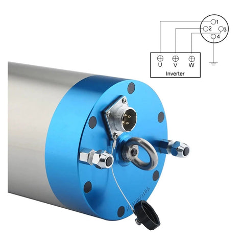 Close-up of 4.5KW CNC Spindle Motor for Milling Machines, Water Cooled 220V to 380V, 100MM ER20, end connection details.