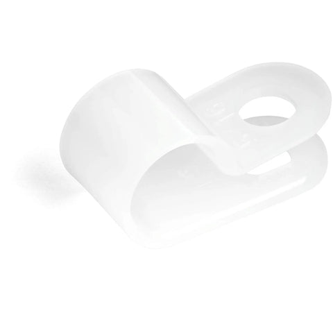 Heavy Duty 100 Pack Screw Mount Cable Clamps Secure Coax Cat6 And Network Wires Up To 0.31 Inch white plastic clip close-up view