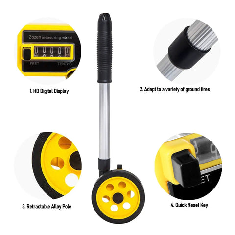 Measuring Wheel with Adjustable Length, 0-9999m Capacity showing HD digital display and retractable alloy pole.