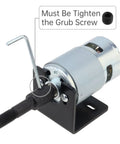 RS775 Compact DC Motor Sander Polisher Kit 12V 24V 120W with visible grub screw and hex key mounted on a sturdy base.