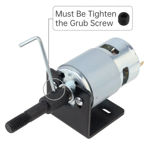 RS775 Compact DC Motor Sander Polisher Kit 12V 24V 120W with visible grub screw and hex key mounted on a sturdy base.