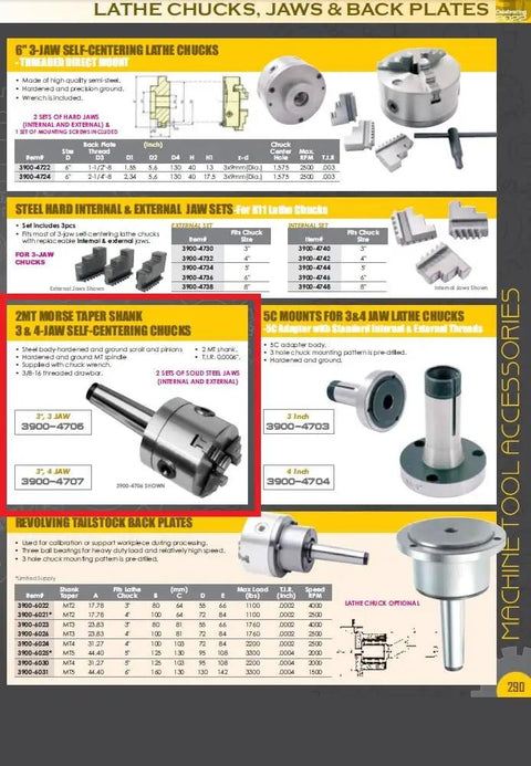 Catalog page showing lathe chucks, including Three Inch MT2 Shank Three Jaw Lathe Chuck With Threaded Drawbar End and jaws.