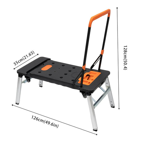 Heavy Duty Foldable Workbench With Smooth Caster Wheels Transforms Into Seven Flexible Workshop Modes Like Scaffold And Auto Repair Stand For No Sweat Garage Days And Weekend Project Hustle, dimensions 126cm x 55cm x 128cm.