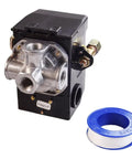 Heavy Duty Air Compressor Pressure Switch 95-125 PSI with Unloader, 4 Port, metal and plastic, shown with sealing tape.