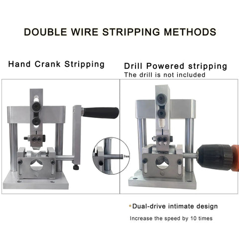 No Sweat Heavy Duty Copper Wire Stripping Machine With Handy Dandy Hand Grip And Power Drill Adapter Slick Aluminum Body with dual wire stripping methods.