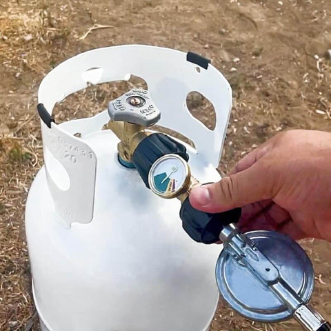 Propane Tank Gauge Level Indicator and Gas Pressure Meter with Color Coded Glow in the Dark Universal for All Cylinders Solid Brass 2 Pack installed on tank