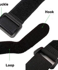 Close-up of No Fuss Hook And Loop Cable Straps 10 Pack 1 Inch By 12 Inch Black Nylon Self Adhesive Cinch Ties with buckle, hook, and loop.