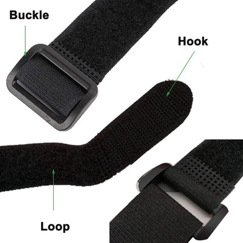 Close-up of No Fuss Hook And Loop Cable Straps 10 Pack 1 Inch By 12 Inch Black Nylon Self Adhesive Cinch Ties with buckle, hook, and loop.