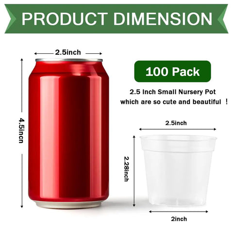 Clear Seed Starter Pots 2.5 Inch, 100 Pack Round Seedling Pots For Germination, shown next to a soda can for size comparison.