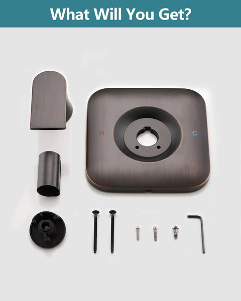 Upgrade Your Bathroom with This Replacement Square Trim Kit for Moen Chateau Shower Valve Designed With Pull On Push Off Knob Handle In Sleek Oil Rubbed Bronze Finish For Easy Hot Cold Water Control Without The Cartridge. Square bronze trim kit parts with H/C labels and screws