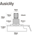 Diagram of Killer Brass Short Split Shaft Guitar Pots Set With Smooth Audio Linear Taper dimensions for USA electric guitars.