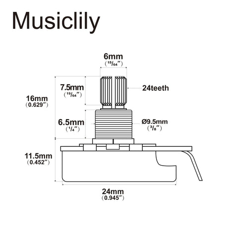 Diagram of Killer Brass Short Split Shaft Guitar Pots Set With Smooth Audio Linear Taper dimensions for USA electric guitars.