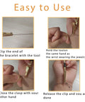 Three Piece Bracelet Helper Tool Set For Easy Necklace And Watch Clasps Zippers And Craft Adjustments In Gold Silver And Rose Gold Finishes Handy At Home Jewelry Fix Kit usage instructions.