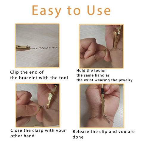 Three Piece Bracelet Helper Tool Set For Easy Necklace And Watch Clasps Zippers And Craft Adjustments In Gold Silver And Rose Gold Finishes Handy At Home Jewelry Fix Kit usage instructions.
