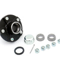 Trailer Hub Kit With 5 Bolt On 4.5 Inch Bolt Circle For 2200 Lb Axles And 1-1/16 Inch Straight Spindles Easy Install Durable Outer Races And 1 Year Warranty displayed with components