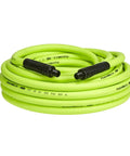 All Weather 1/2 Inch By 50 Ft Hybrid Air Hose With 1/2 Inch MNPT Fittings in ZillaGreen color, coiled on a white background.