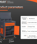 Heavy Duty CNC Tool Organizer Cart With Door Pro Shop Grade Workbench Storage For Machining Centers And Warehouses Keep Cutting Tools Bits And Accessories Neat And Ready, gray and orange steel cart with shelves and door, front view.