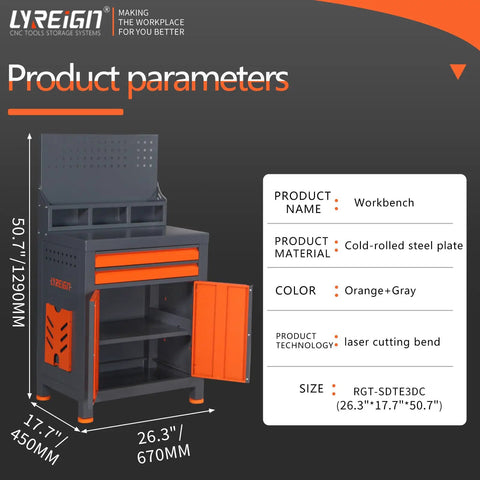 Heavy Duty CNC Tool Organizer Cart With Door Pro Shop Grade Workbench Storage For Machining Centers And Warehouses Keep Cutting Tools Bits And Accessories Neat And Ready, gray and orange steel cart with shelves and door, front view.